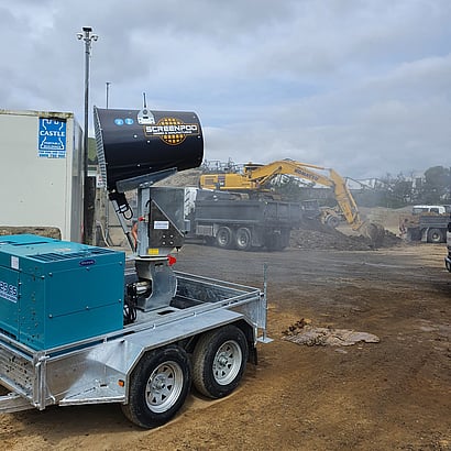 Screenpod S34 Dust Cannon in operation from trailer & generator setup