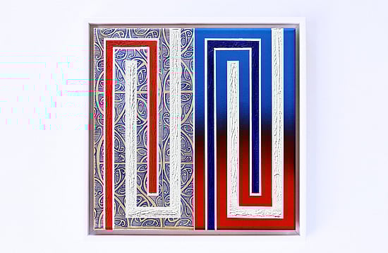 Graphic painting in red white and blue kowhaiwhai pattern included in the composition