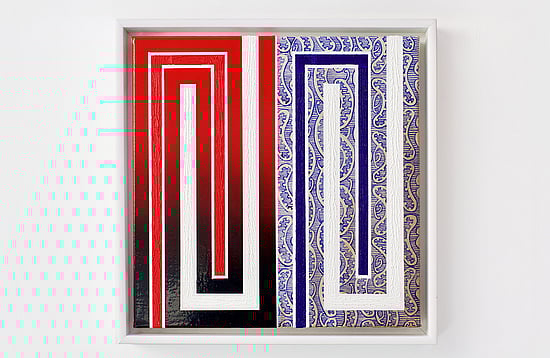 Graphic painting in red white and blue kowhaiwhai pattern included in the composition similar to painting to left