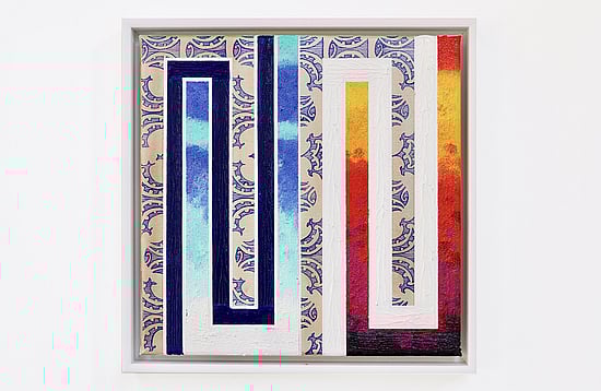 This painting uses geometric forms combined with kowhaiwhai patterns and uses sheets of red orange pink purple dark blue red blue and soft green