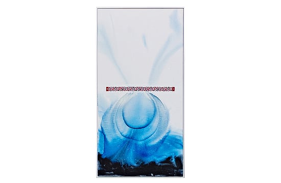 Large scale work white at the top with swirly cyan coloured strokes leading to black at the bottom with Maori designs in red white and black through the centre