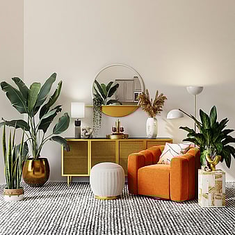 modern living room with orange chair and plants