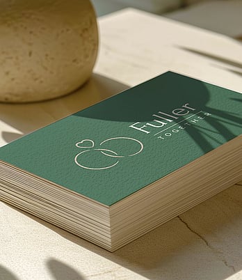 Editorial style image showcasing a business card design for Fuller Together, a wedding planner | Brand designer for wedding professionals