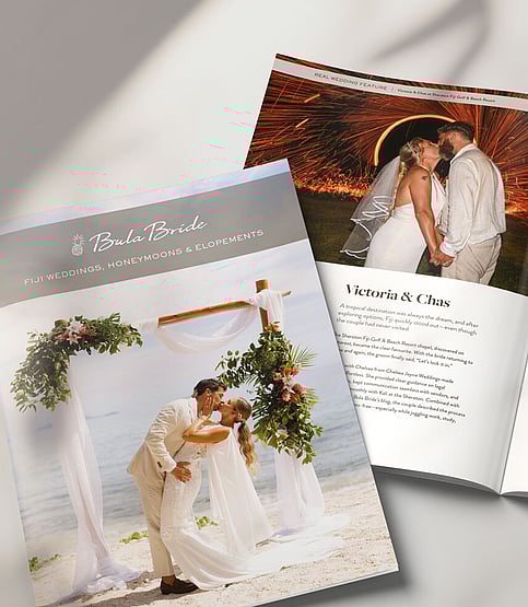 Editorial style image showcasing a wedding brochure design for Bula Bride, a wedding directory | Brand designer for wedding professionals