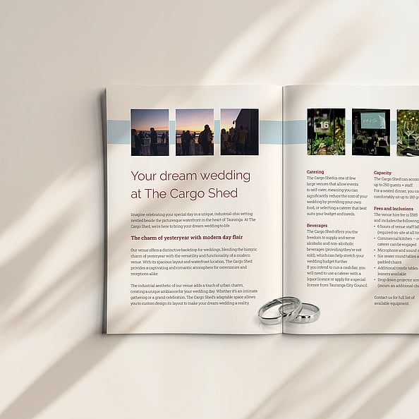 The Cargo Shed wedding venue brochure deisgn - inside editorial spread | Wedding Brochure Design