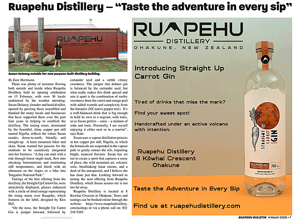 Ruapehu Distillery featured in the Ruapehu Bulletin after hosting local Ohakune businesses and sharing how Straight Up Carrot Gin tastes and is distilled