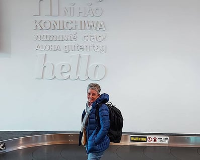 Woman with backpack.