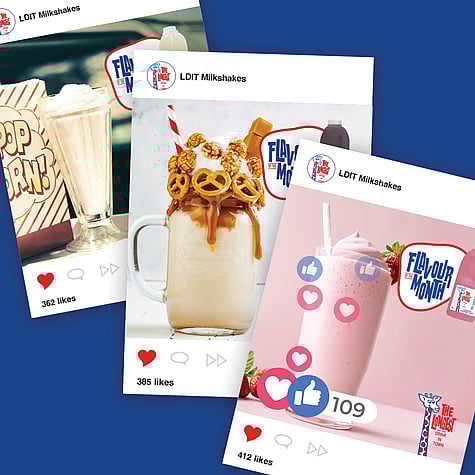 Examples of Longest Drink in Town Flavour of the Month social media posts using bright colours and user engagements.