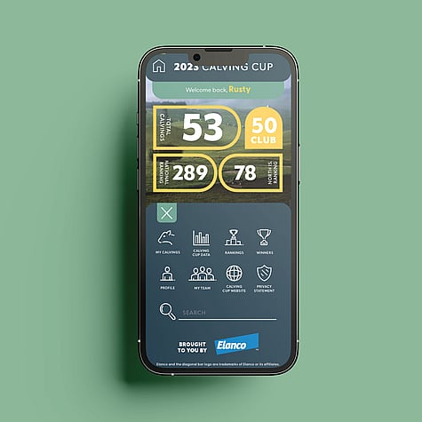 Mobile phone showing a screen from the Elanco Calving Cup app with bright yellow highlights and easy to use navigation.