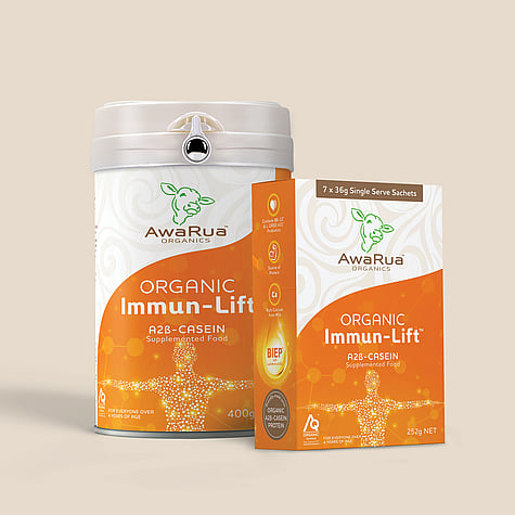 Orange and white AwaRua packaging of the Organic Immun-Lift, as a can and as box.
