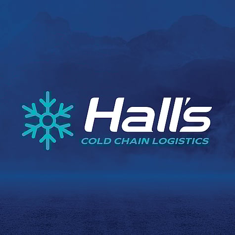 Close up of the Halls teal and white logo with snowflake on an icy blue background.