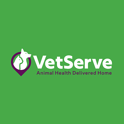 White and purple VetServe logo with cat and dog iconography against a bright green background.