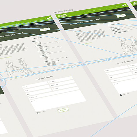 RPC website prototype with user journey synapses, showcasing page layouts, mimimal, clean design with neutral green and beige colours.