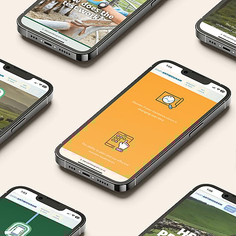 Multiple smartphones display screen grabs of the Dairy Antibiogram website, featuring eye-catching colours and a journey of discovery.