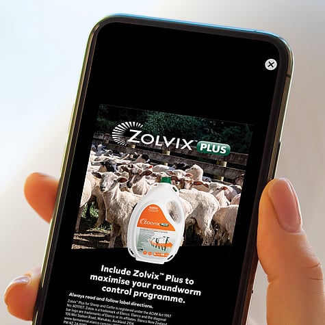 Close up image of hand holding mobile phone displaying a digital ad for Zolvix Plus.