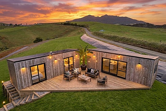 tiny home cabins exterior in the evening