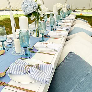 THE HAMPTONS - A coastal beach picnic dinner party. Featuring French linen napkins, huge blue hydrangeas and perfectly themed dinnerware.