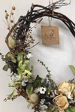 White roses dried flower wreath by Raglan Florist Wild About Eve