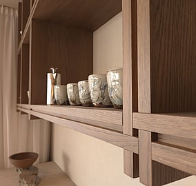 Bespoke timber kitchen cabinetry and open shelving in the Ocean Beach Road architectural coastal home in Mount Maunganui, built by Tauranga architectural builders MB Construction.