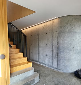 Entry of an architectural rural home near Matamata with concrete stair, curved concrete feature wall and timber accents, built by MB Construction, residential builders for Matamata and the Bay of Plenty.
