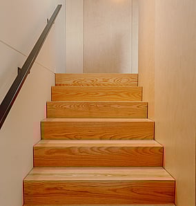 Timber stair with solid treads and plywood walls in an architectural rural home in Matamata, crafted by MB Construction.