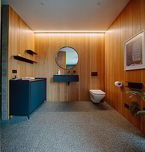 Main ensuite in an architectural rural home in Matamata with timber-lined walls, terrazzo floor and walk-in shower, designed and built by MB Construction.
