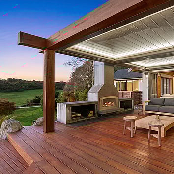 Timber pergola on a timber deck.