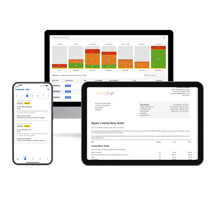 Virtual Coastie Fergus Screenshots of dashboard, quote, schedule