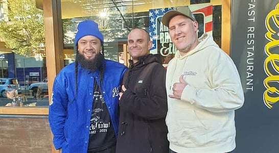 &ldquo;Sam Troth with community members during outreach &mdash; connecting through kōrero and shared purpose.