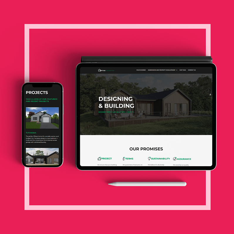 Laptop and phone displaying a construction business website, framed by a bold pink square with a pen resting nearby