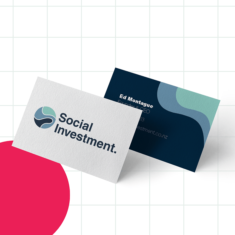 Social Investment business cards showing a logo with blue and green waves on the front and contact details on the back, framed by a grid background