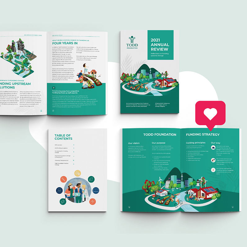Open annual review brochure for Todd Foundation featuring vibrant illustrations of community development, funding strategy, and a table of contents