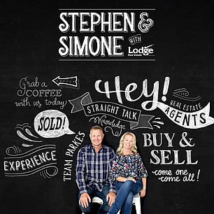 Studio full body portrait photography for real estate agents Stephen and Simone Lodge with custom chalkboard typography