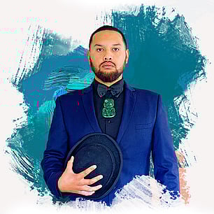 Studio portrait photography for Punarau Media with brightly coloured paint brushstrokes