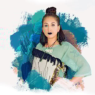 Studio portrait photography for Punarau Media with brightly coloured paint brushstrokes