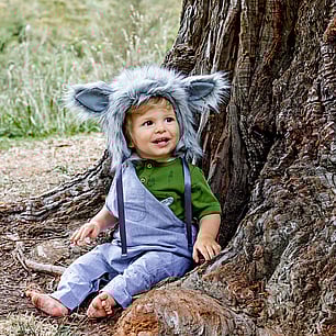 Childrens fashion photography for Kauri and Sons outdoor location wolf baby in overalls