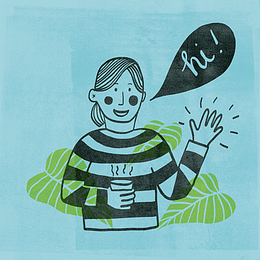 Screenprint style illustration of woman saying "hi"