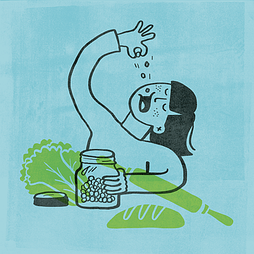 Screenprint style illustration of woman eating from a jar with bread, lettuce and rolling pin in the background