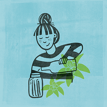 Screenprint style illustration of woman making homemade vanilla essence or vanilla extract