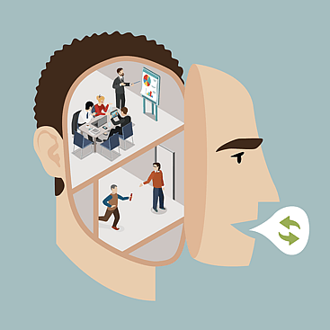 Vector illustration of open face. Inside are people in the brain