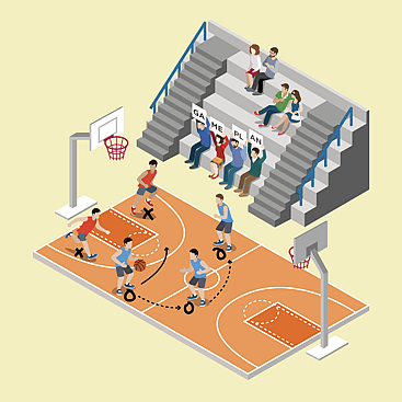 Vector illustration of people playing basketball with crowd holding sign that says "game plan"