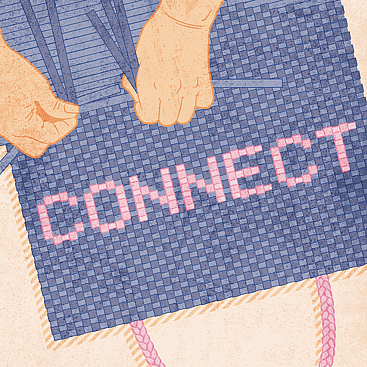 Digital Illustration of hands weaving a kete that says "connect"