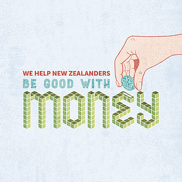 Digital Illustration of hand dropping New Zealand 10 cent piece into moneybox that spells the word "money"