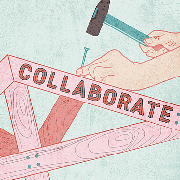 Digital Illustration of hands hammering a nail into wooden frame that says the word "collaborate"