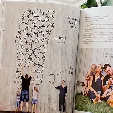 Illustration over photograph of a years worth of rubbish bags for Living Lightly book by Nicola Turner