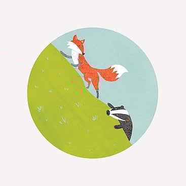 Digital illustration of a fox and a badger climbing a hill