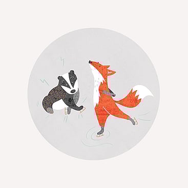Digital illustration of a fox and a badger ice skating