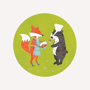 Digital illustration of a fox and a badger baking with bowl and spoon