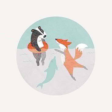 Digital illustration of a fox and a badger swimming with a dolphin