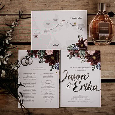Wedding invitation design &ndash; moody marron flowers and succulents